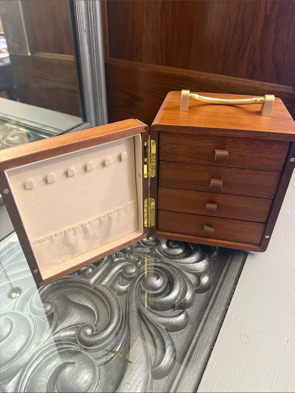 Walnut Jewelry Organizer Box Wooden Floral Box with Gold Handle 4 Tiered Womens - Picture 12 of 16